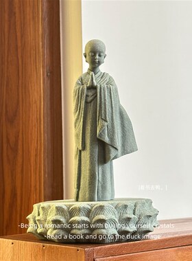 新品心之所愿 定能p如愿祈祷小沙弥禅意装饰造景书架桌面摆件
