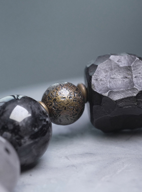 极速非鱼之家手工随形黑檀木混搭黑D发晶珠子手链男 复古国潮个性