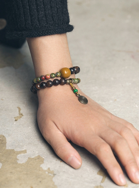 极速非鱼之家民族风m虎皮楠木绿色石珠子手链女 文艺休闲双圈木质