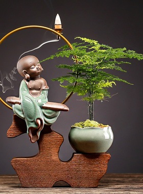 极速新中式哥窑人物禅意办公室绿植装饰品客厅书桌面家Z居陶瓷玄