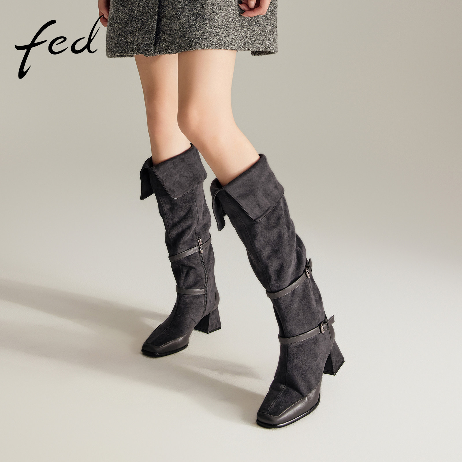 fed西部牛仔靴春季新款女靴皮带扣时装靴高筒长靴女D1114-ZFA252,淘宝优惠券,粉丝福利购,淘宝优惠卷