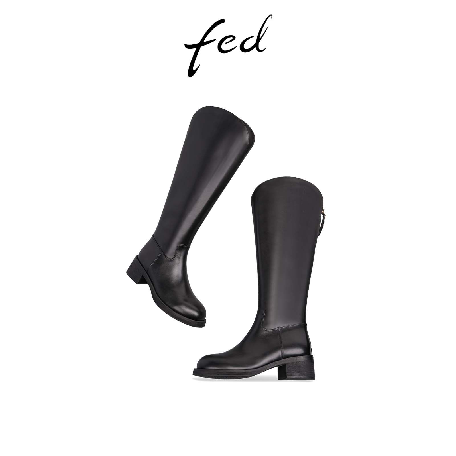 fed粗跟骑士靴冬季新款女靴V口高筒靴真皮长靴女款S0930-DD0138,淘宝优惠券,粉丝福利购,淘宝优惠卷