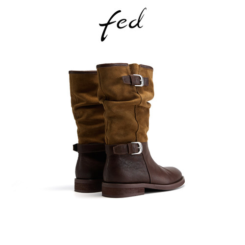 fed复古堆堆靴冬季新款女靴皮带扣长靴真皮西部靴女S1031-ZFA363 - 图2