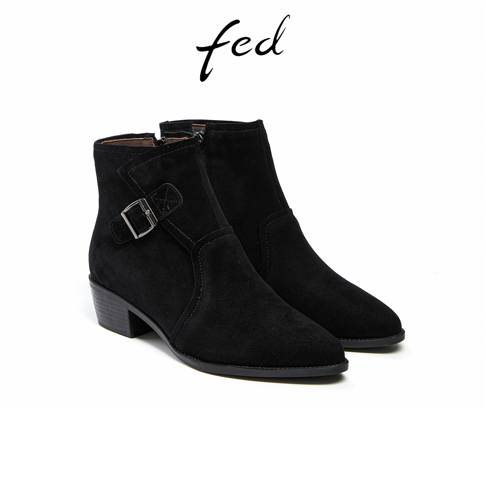 fed粗跟时装靴女冬季新款靴子尖头切尔西靴真皮短靴女R1007-ZF900 - 图1