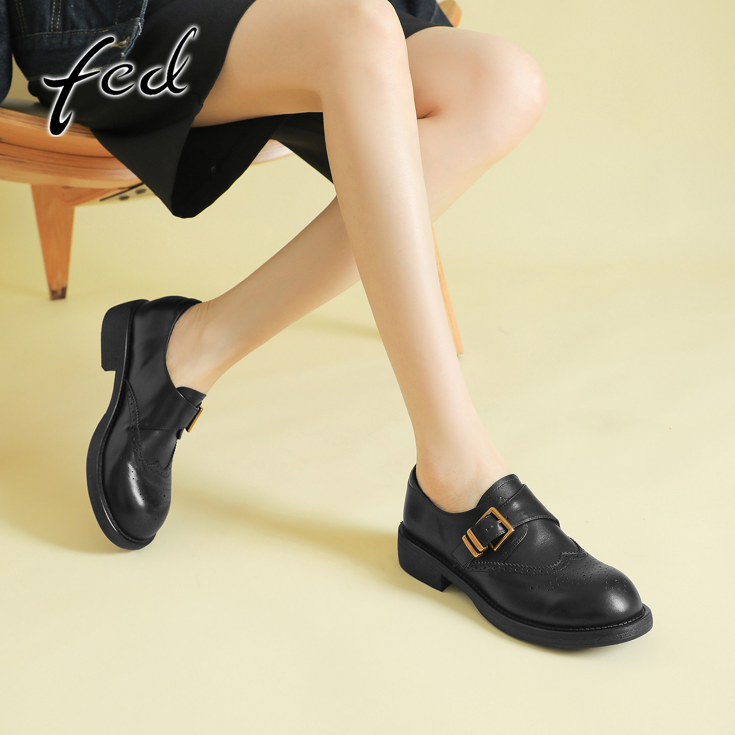 fed真皮粗跟厚底加绒乐福鞋女复古雕花小皮鞋一脚蹬圆头深口单鞋,淘宝优惠券,粉丝福利购,淘宝优惠卷
