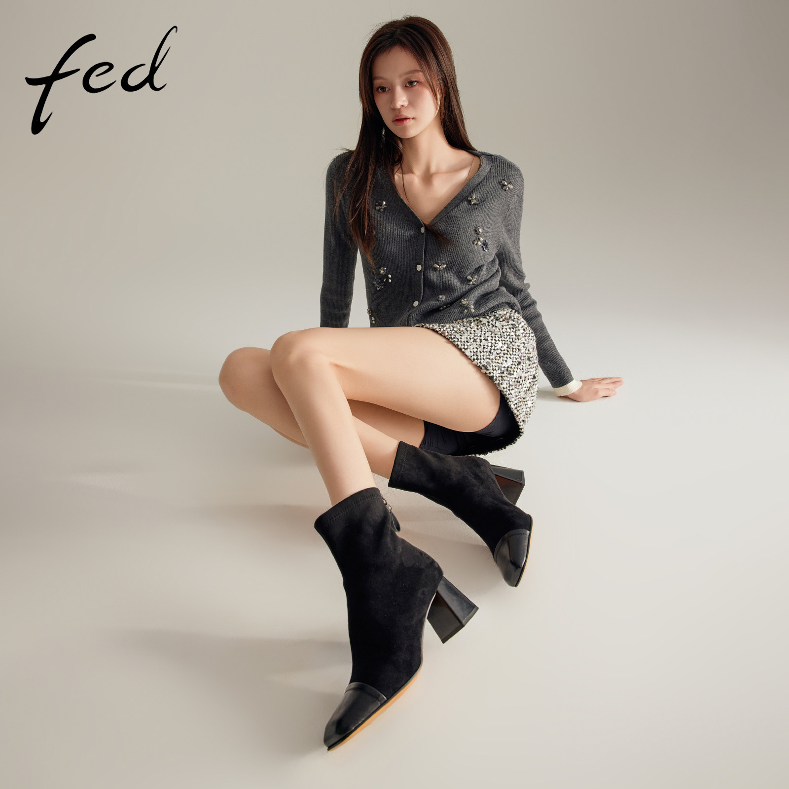 fed高跟短靴女冬季新款女靴方头时装靴绒面瘦瘦靴女款D1108-ZC796,淘宝优惠券,粉丝福利购,淘宝优惠卷