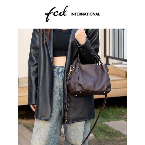 fed女包头层牛皮托特包大容量单肩斜挎包手提包通勤包包女BFA9447 - 图0