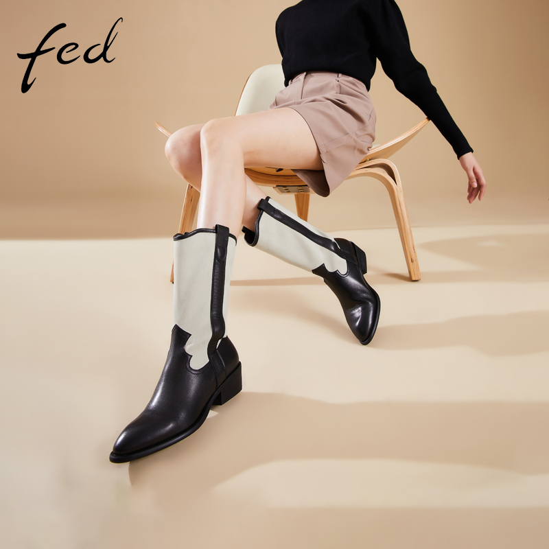 fed中筒靴冬季新款加绒靴子复古气质女士骑士靴瘦瘦靴1117-ZF366