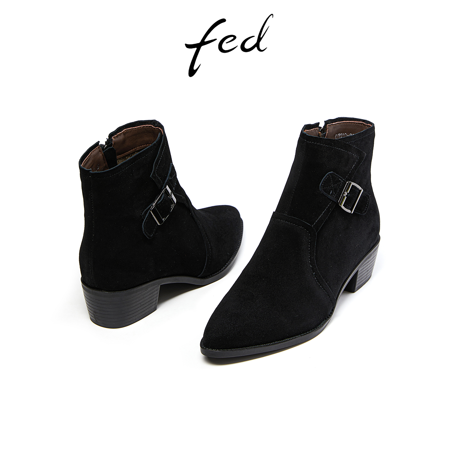 fed粗跟时装靴女冬季新款靴子尖头切尔西靴真皮短靴女R1007-ZF900 - 图0
