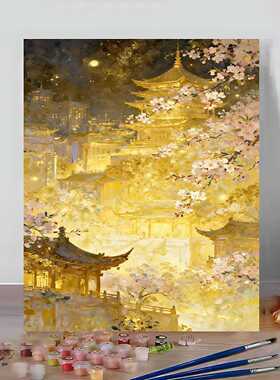DIY数字油画古建筑樱花夜景手绘