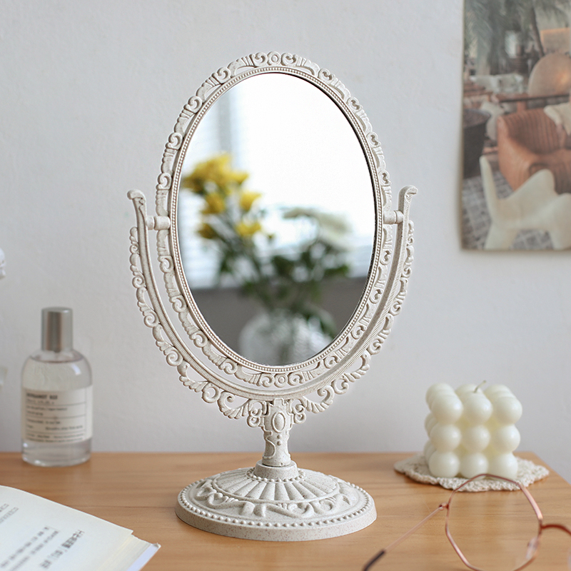 可爱日子 欧式复古雕花化妆镜 法式桌面镜子台式双面圆梳妆镜古风