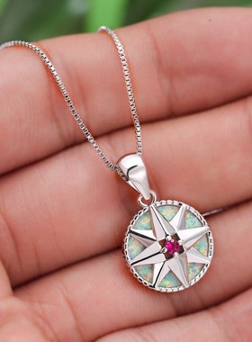 新款欧美时尚蓝色澳宝白金红钻白澳宝盾牌项链女跨境圆形吊坠饰品