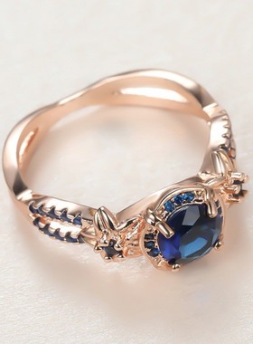 新款跨境shein爆款玫瑰金宝蓝色圆钻边花戒指复古高级感个性百搭