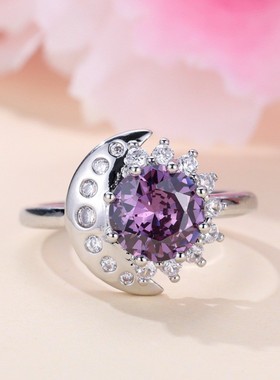 新款跨境个性白K圆形紫色锆石边月亮形戒指