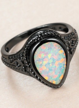 新款跨境个性风潮时尚OL黑金  白色澳宝水滴形戒指厂家