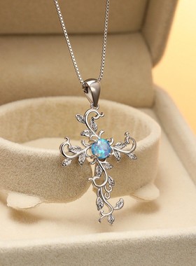 新款跨境欧美ins白金澳宝十字架花藤吊坠项链小众设计个性锁骨链