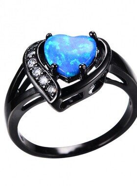 新款女性白色火蛋白石的心与澳宝戒指黑色金戒指承诺订婚戒指