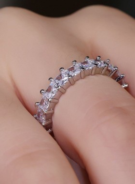 新款跨境满圈白色方形戒指钻 简约个性小众轻奢高级戒指女