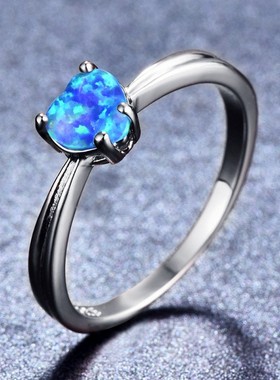 新款跨境欧美韩式风S925白金6mm白紫蓝色澳宝心形简约女式戒指
