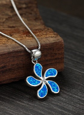 新款欧美亚马逊韩式简约风白金花朵蓝色澳宝项链百搭锁骨链