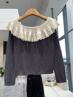 European high-end lotus leaf collar patchwork sweater for women 2025 new autumn clothing to reduce age and style one-line collar off-shoulder top