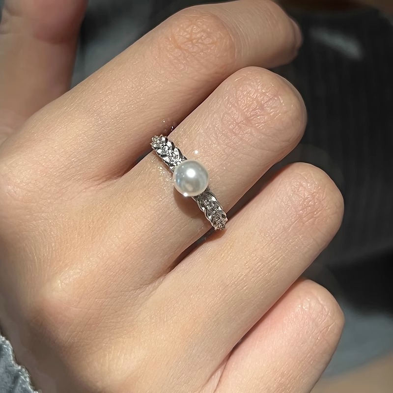 法式仿珍珠戒指女小众设计轻奢指环时尚气质高级感素圈独特食指戒 - 图1