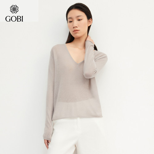 GOBI戈壁秋冬宽松时尚V领薄款羊绒真丝女士针织衫套头毛衣WK753 - 图3