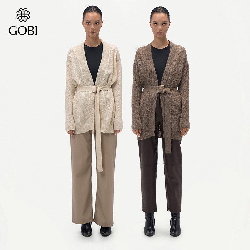 GOBI戈壁秋冬纯色简约气质宽松带腰带羊绒女士开衫薄外套WK764