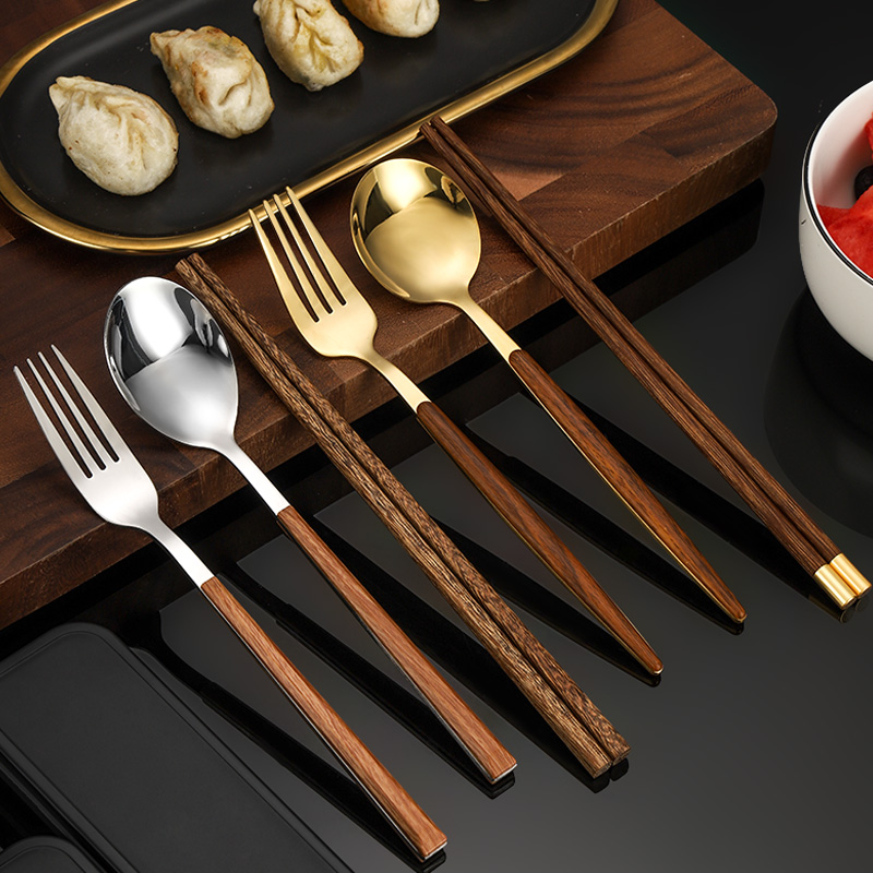 木质筷子勺子套装不锈钢便携餐具学生上班族外带便携单人使用餐具 - 图1