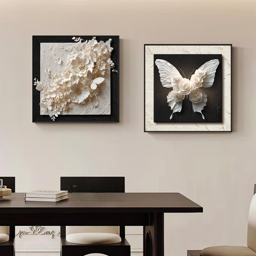 黑白蝴蝶高级感餐厅装饰画现代简约餐桌挂画法式轻奢卧室床头壁画 - 图3