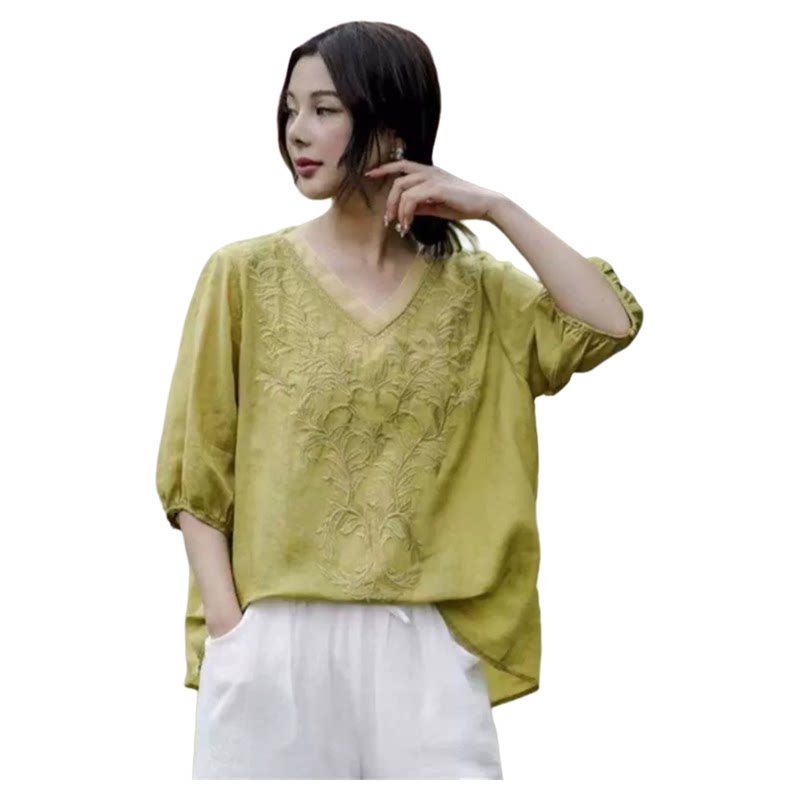 Bojin Selected Women's Clothing Store Women's Genuine Loose Top Fashionable Retro Versatile Embroidered V-neck Mid-Sleeve Ta8