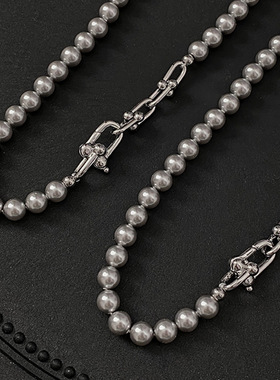 高级感灰色珍珠金属链条项链女小众复古个性简约百搭颈链锁骨链