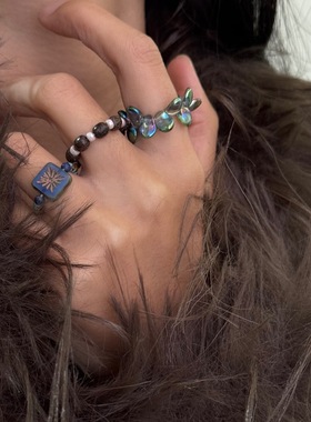 原创小众彩色琉璃珠串珠捷克珠戒指民族风古董珠复古戒指指环戒圈