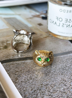 复古设计感立体雕刻金属猫开口戒指女个性气质时尚高级指环戒子