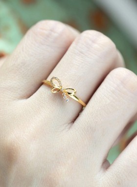 日韩简约微镶锆石蝴蝶结戒指女ins铜镀18K金色食指戒个性开口指环