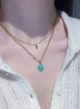 轻奢祖母绿小方钻蓝绿色松石钛钢镀金锁骨项链欧美ins仿人工玉石