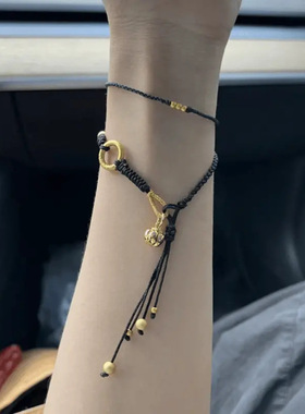 小红书同款极细黑金色ins小众叠搭流苏手链手工编织手绳