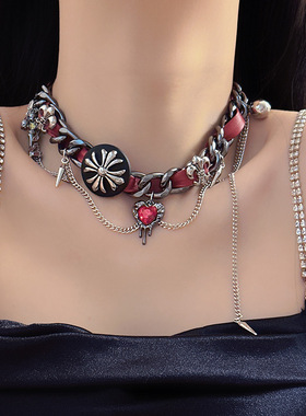 Y2K美拉德重工浮雕皮革项链亚文化辣妹甜酷小众哥特朋克暗黑欧美