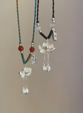 招财纳福莲花编绳项链小众设计好事连连荷花复古吊坠毛衣链女颈链