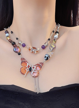 「暗夜精灵」ins小众设计精致紫色蝴蝶项链女气质甜酷辣妹颈链潮~