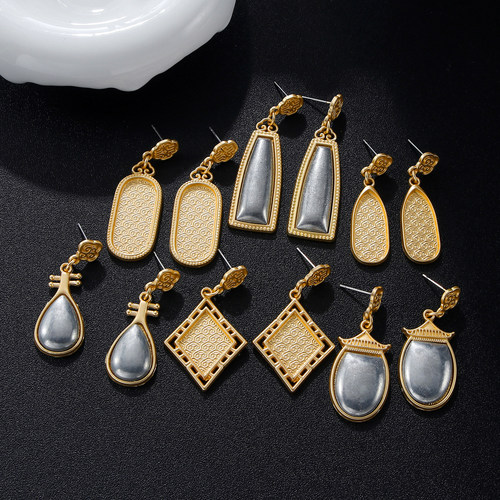 非遗宋锦diy耳钉几何图案祥云纹底托底胚耳环耳饰汉服旗袍配饰品 - 图2