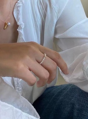 天然淡水弹力珍珠戒指女近圆珠强光小金珠戒指镀金小球戒圈指环