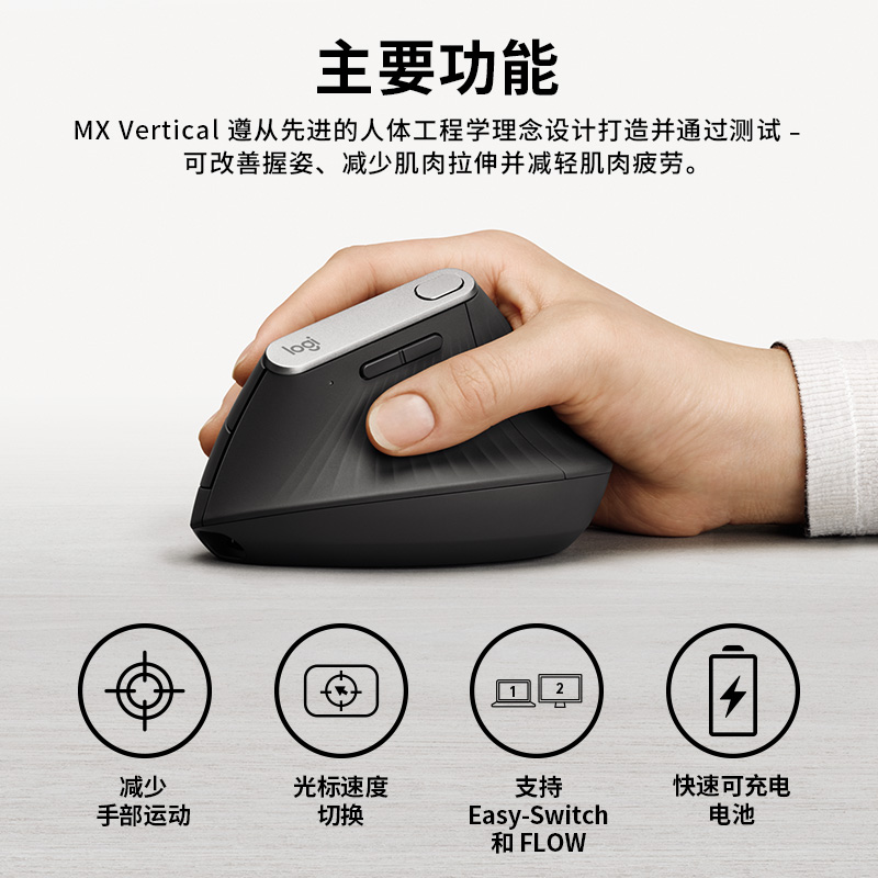 罗技人体工学系列MX Vertical垂直无线鼠标蓝牙办公笔记本电脑
