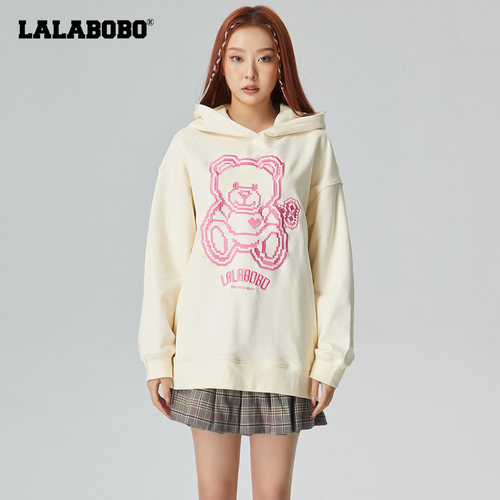 LALABOBO24春季新款宽松刺绣小熊落肩连帽卫衣女士|CBCA-WSTS15 - 图2