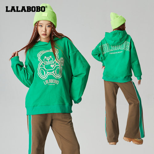 LALABOBO24春季新款宽松刺绣小熊落肩连帽卫衣女士|CBCA-WSTS15 - 图0