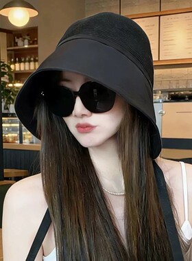 大檐水桶帽子女夏季遮脸遮阳帽春夏款女士拼色休闲渔夫帽出游草帽