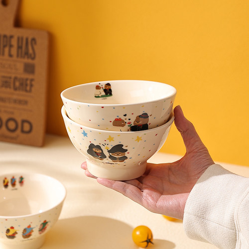 高温釉下彩饭碗5寸喝汤小碗陶瓷高脚亲子碗可爱卡通米饭碗沙拉碗 - 图3