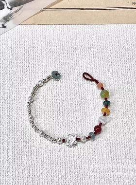 合金小莲花串珠拼接手绳编织绳本命年红色蛇年手链碎银子珍珠