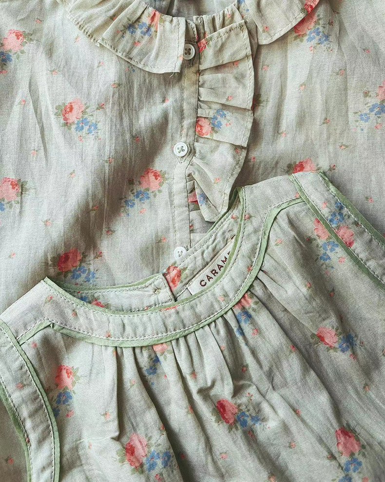 2023iNS爆款女童caramel玫瑰花荷叶边衬衣无袖裙婴儿长袖衫灯笼裤 - 图2