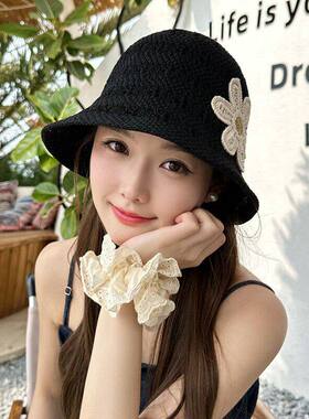 韩版花朵镂空编织渔夫帽女生春夏出游水桶帽子显脸小百搭素颜盆帽
